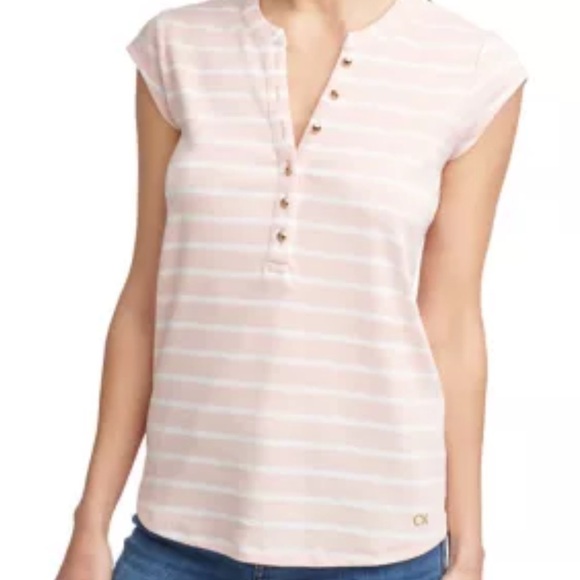 Calvin Klein Sleeveless Pink Stripe Ribbed Top with Silver Button Detail - Picture 1 of 9